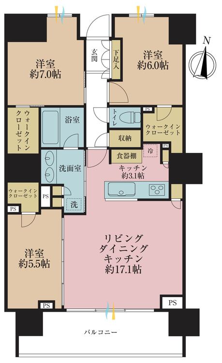 間取り 3LDK、専有面積82.52m2、バルコニー面積11.97m2