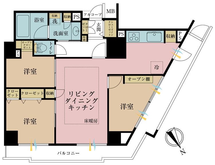間取り 3LDK、専有面積64.39?、バルコニー面積19.3? 