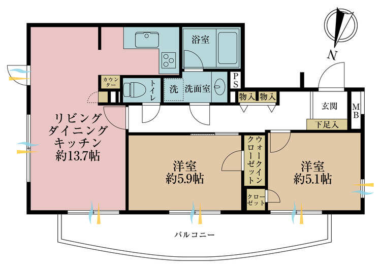 その他 2LDK、専有面積57.71m2、バルコニー面積11.29m2