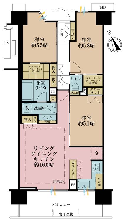 間取り 3LDK、専有面積72.78m2、バルコニー面積11.21m2