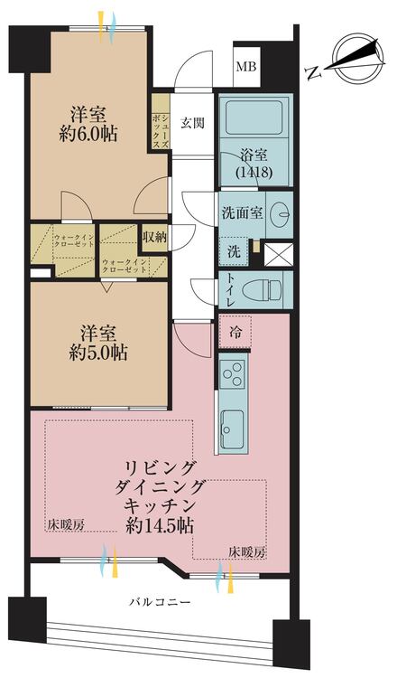 間取り 2LDK、専有面積57.98m2、バルコニー面積8.65m2