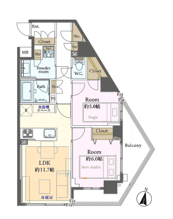 その他 2LDK、専有面積57.02m2、バルコニー面積8.77m2