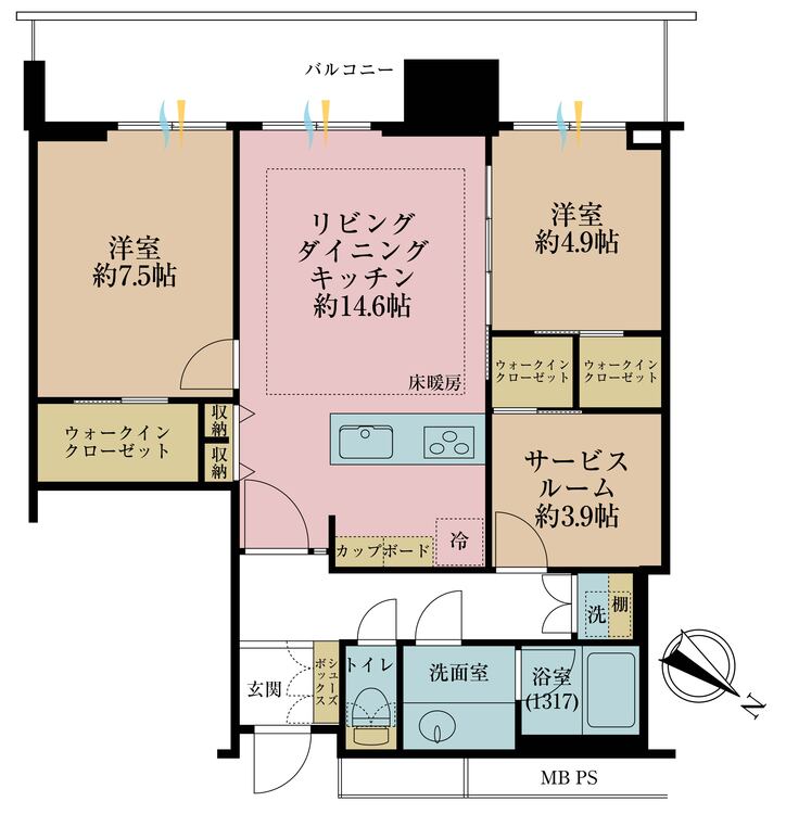 間取り 2LDK+S（納戸）、専有面積74.91m2