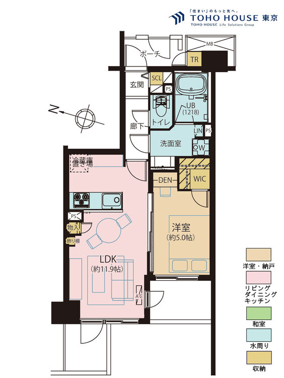 間取り 1LDK、専有面積42.36m2、バルコニー面積6.88m2
