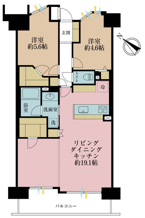 間取り 2LDK、専有面積67.27m2、バルコニー面積8.75m2