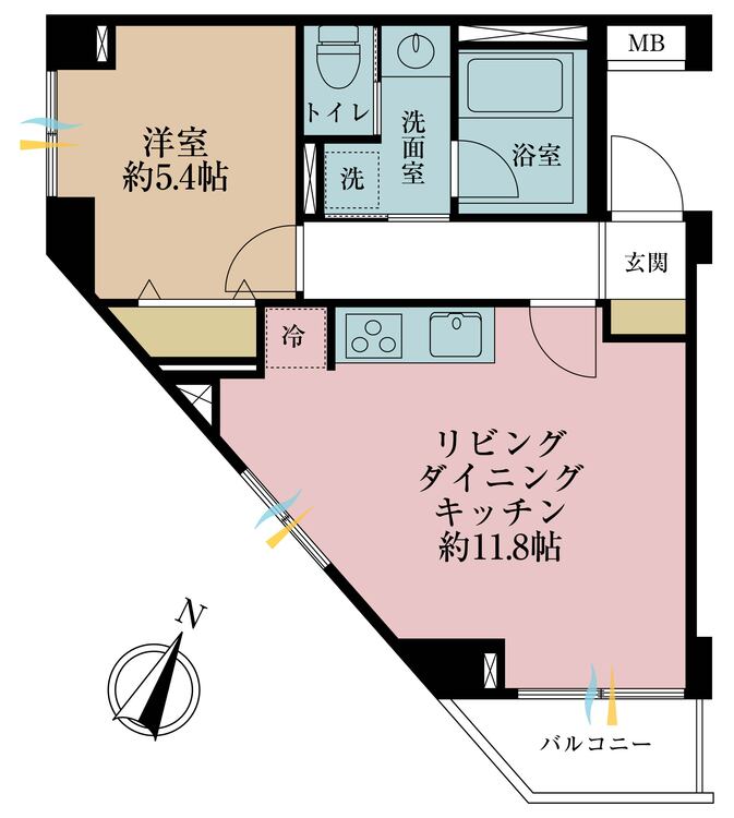 間取り 1LDK、専有面積43.26m2、バルコニー面積2.82m2