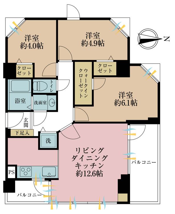 間取り 3LDK、専有面積64.28m2、バルコニー面積9.4m2
