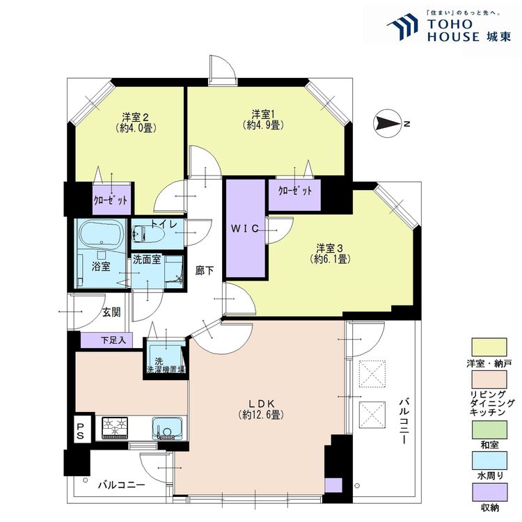 間取り ３ＬＤＫ、専有面積６４．２８平米、バルコニー面積９．４平米