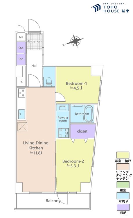 間取り ２ＬＤＫ、専有面積５０．２４平米、バルコニー面積５平米