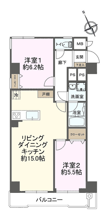 その他 2LDK、専有面積58.32m2、バルコニー面積6.48m2
