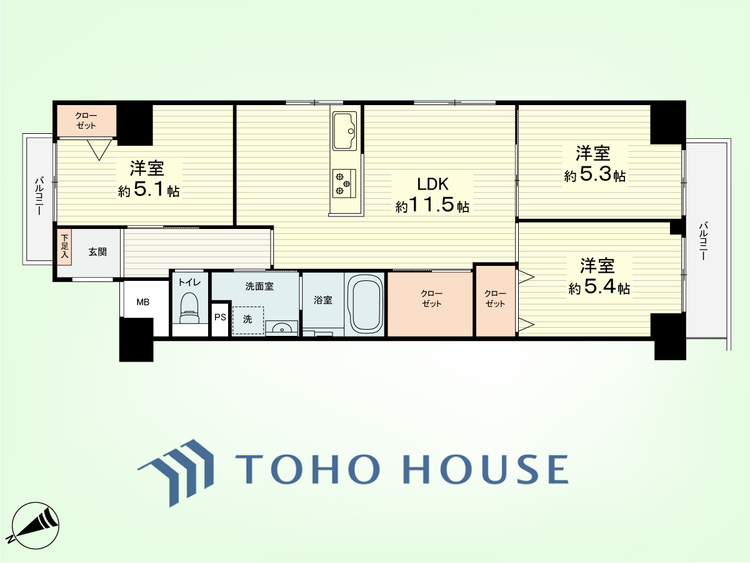 間取り 3LDK　専有面積62.63平米、バルコニー面積5.87平米