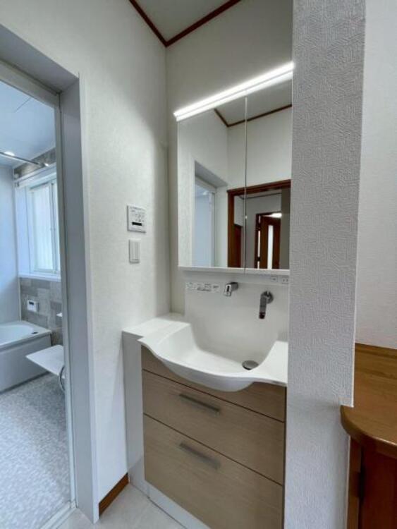 洗面 鏡面裏が収納となっており小物もすっきりと収納できる洗面台 