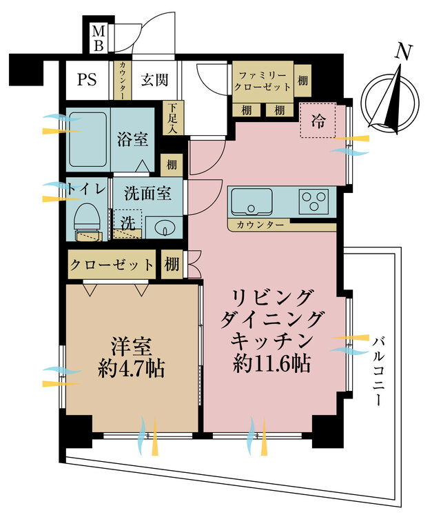 間取り １ＬＤＫ、専有面積４１．６２平米、バルコニー面積７．５平米