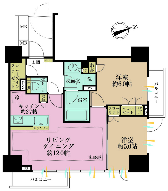 その他 2LDK、専有面積57.09m2、バルコニー面積6.57m2