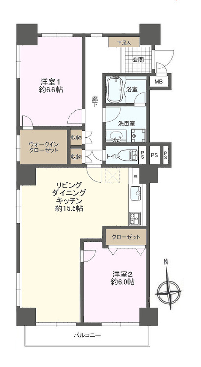 その他 2LDK、専有面積69.68m2、バルコニー面積5.3m2