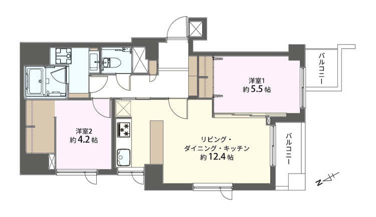 その他 2LDK、専有面積57.61m2、バルコニー面積5.71m2