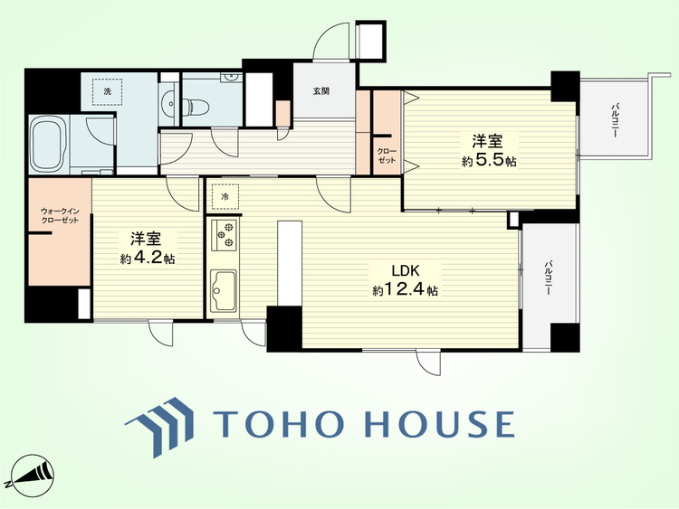 間取り 2LDK　専有面積57.61平米、バルコニー面積5.71平米