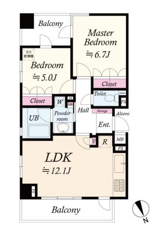間取り 北東角住戸2階、3面採光で通風・採光ともに良好。強い西日を避けつつ明るさを確保。下階は駐輪場のため生活音も気にならず、お隣と接するのは寝室の一部のみ。お子様やペットの足音を気にせず暮らせる静かな住環境です。