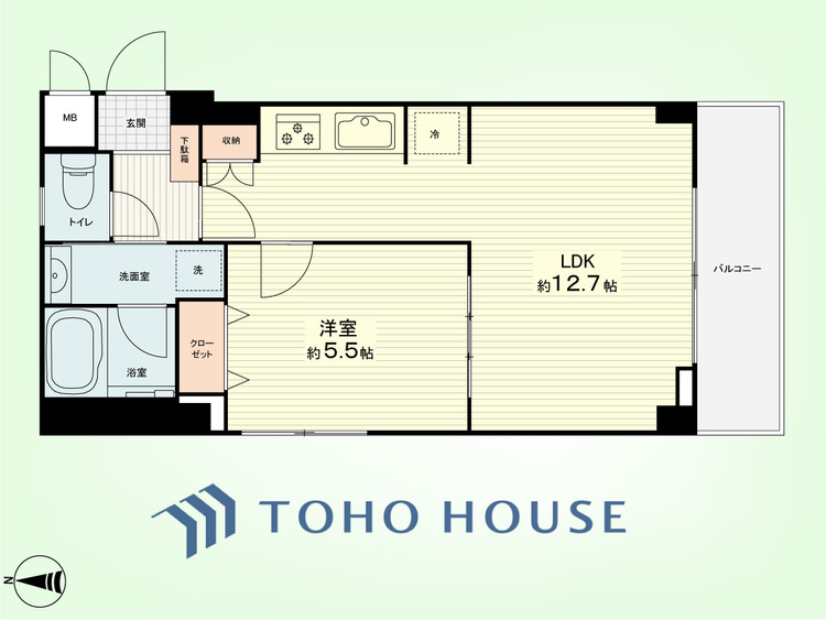 間取り 1LDK　専有面積40.84平米、バルコニー面積5.28平米