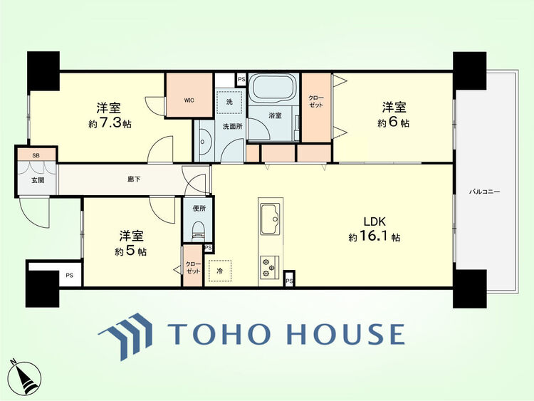 間取り 3LDK　専有面積76.69平米、バルコニー面積12.80平米