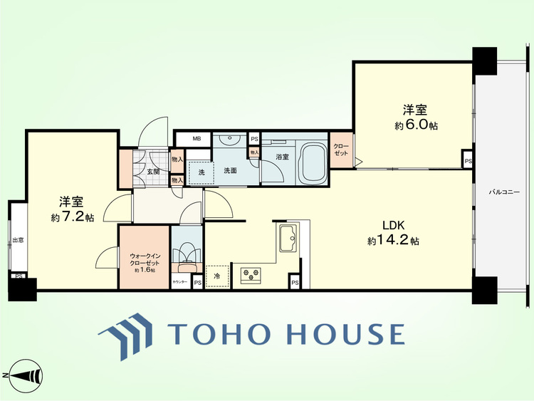 間取り 2LDK　専有面積61.45平米、バルコニー面積9.4平米