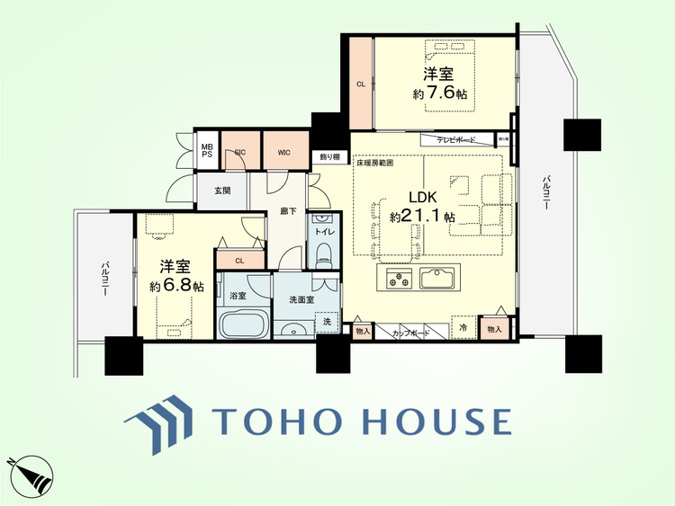 間取り 2LDK　専有面積83.35平米、バルコニー面積24.13平米