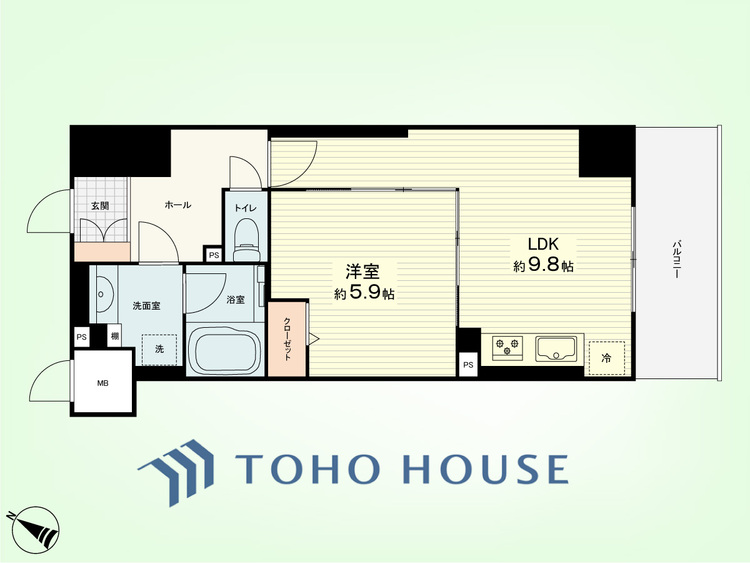 間取り 1LDK　専有面積40.78平米、バルコニー面積6.45平米