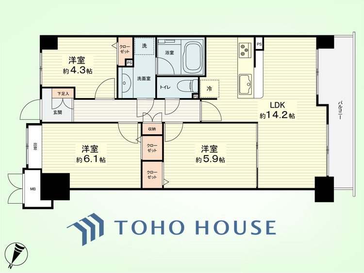間取り 3LDK　専有面積67.32平米、バルコニー面積7.68平米