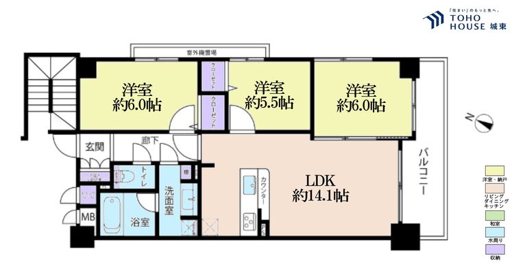 間取り ３ＬＤＫ、専有面積６５．０９平米、バルコニー面積８．０２平米