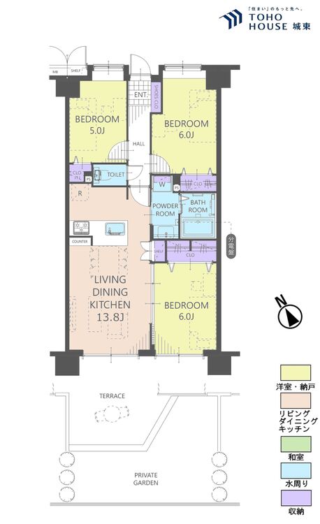 間取り ３ＬＤＫ、専有面積６５．４平米、専用庭面積１８．１６平米、テラス面積１７．５４平米