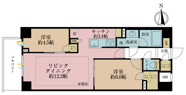 間取り ２ＬＤＫ、専有面積５８．２０平米、バルコニー面積６．３０平米
