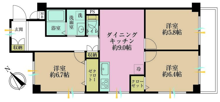 その他 3DK、専有面積61.47m2、バルコニー面積5.4m2