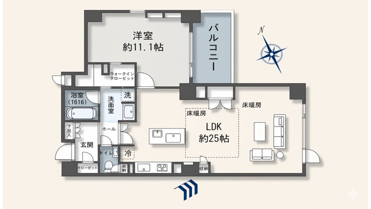 間取り 広々とした約25帖のLDKが魅力の1LDKです。LDKには床暖房を完備。約11帖の洋室にはWICがあり、ゆとりのある贅沢な都心暮らしが叶います。