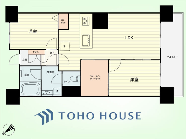 間取り 2LDK　専有面積55.08平米、バルコニー面積8.10平米