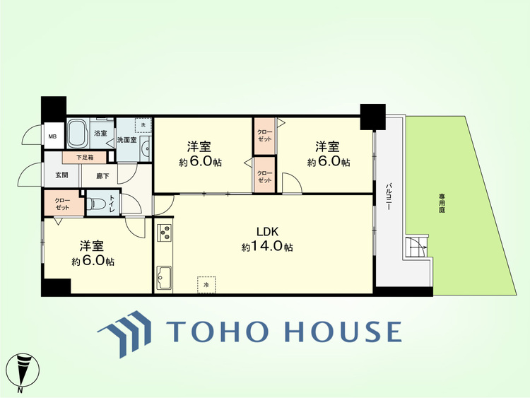 間取り 3LDK　専有面積73.14平米、バルコニー面積8.36平米、専用庭面積20.7平米