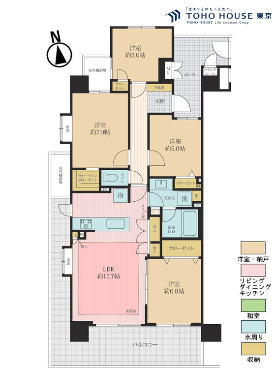 間取り 4LDK、専有面積85.22m2、バルコニー面積21.6m2