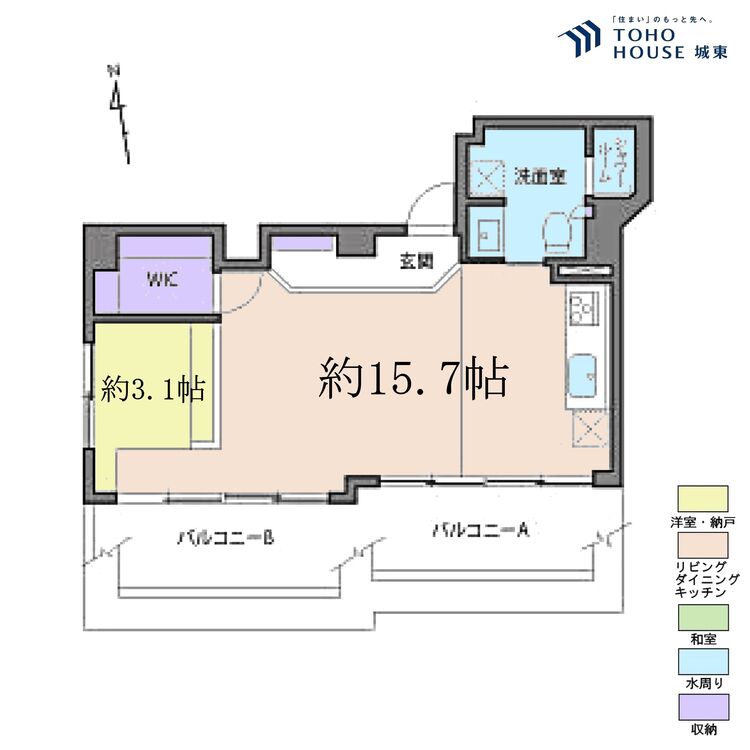 間取り １ＬＤＫ、専有面積４３．９０平米、バルコニー面積調査中