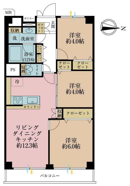 間取り ３ＬＤＫ、専有面積６１．６０平米、バルコニー面積７．８４平米