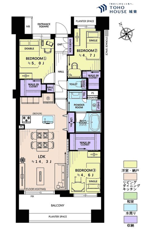 間取り ３ＬＤＫ、専有面積６７．９２平米、バルコニー面積１１．１４平米