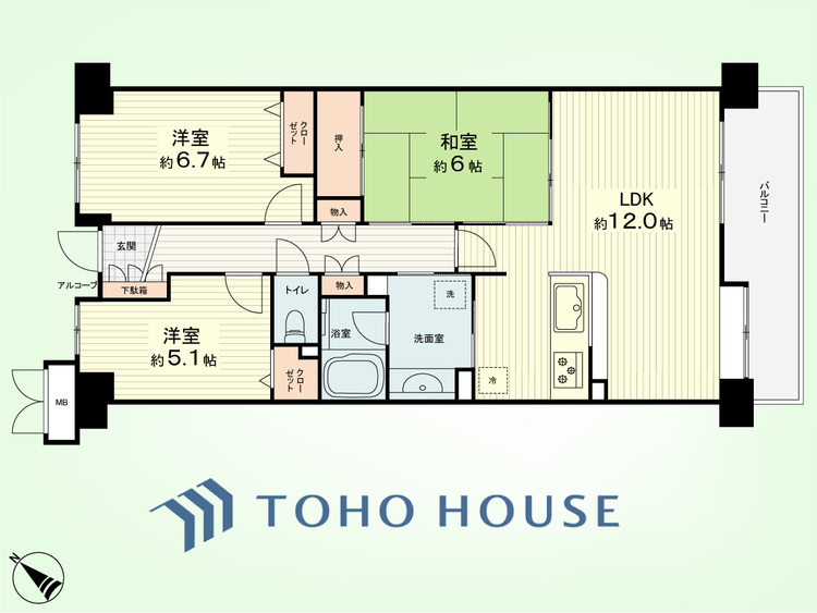 間取り 3LDK　専有面積73.24平米、バルコニー面積9.0平米