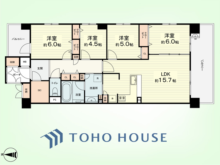 間取り 4LDK　専有面積84.73平米、バルコニー面積16.8平米