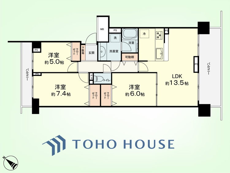 間取り 3LDK　専有面積77.58平米、バルコニー面積16.11平米