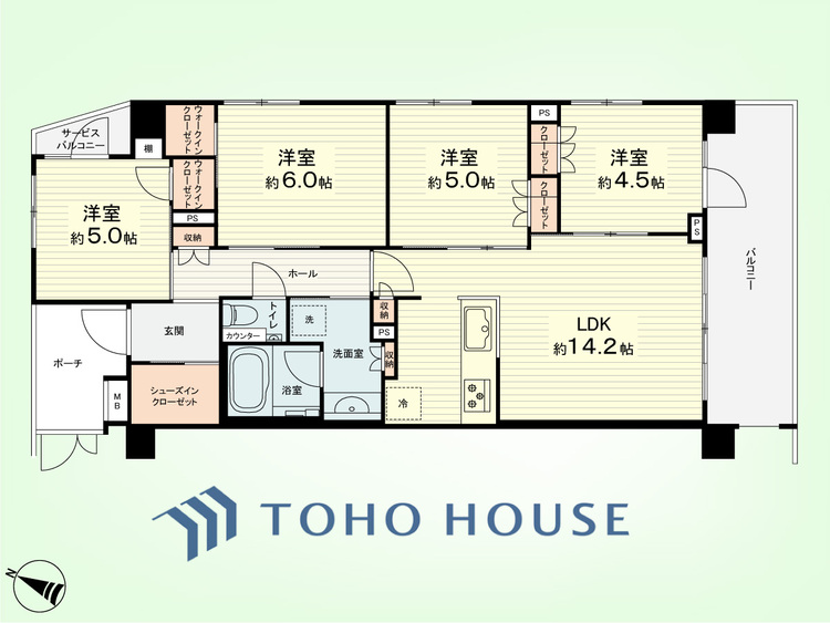 間取り 4LDK　専有面積78.47平米、バルコニー面積11.52平米