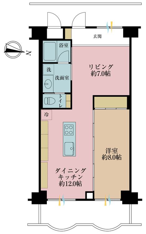 間取り 1LDK、専有面積58.3m2、バルコニー面積7.28m2