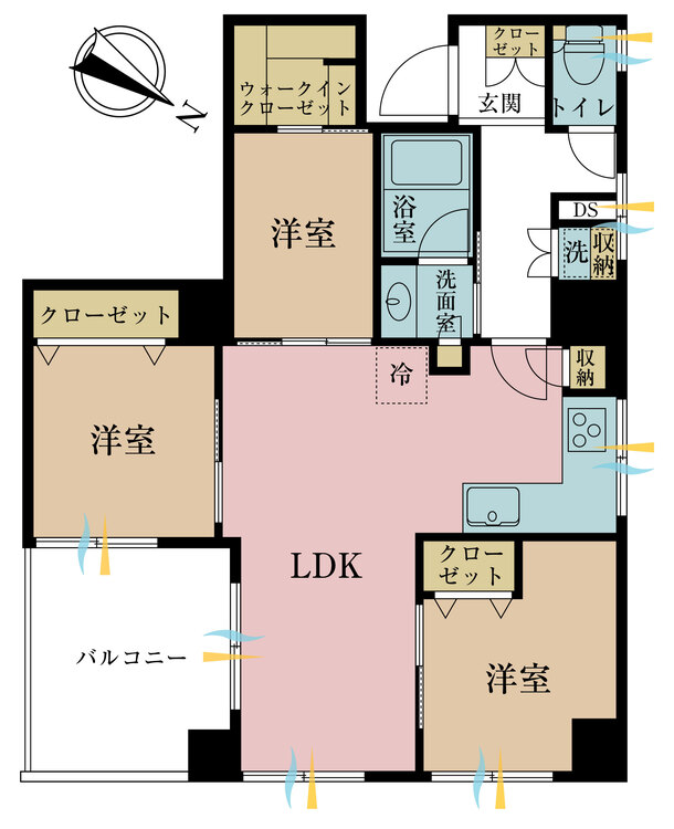 間取り 3LDK、専有面積61.19m2、バルコニー面積8.8m2
