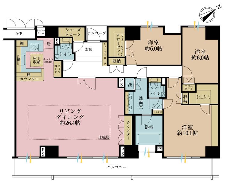 間取り 3LDK、専有面積130.07m2、バルコニー面積19.63m2