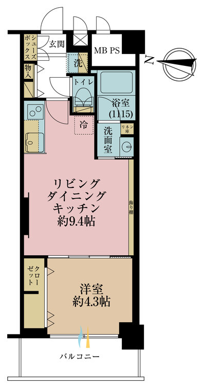 間取り 1LDK、専有面積34.67m2、バルコニー面積4.74m2