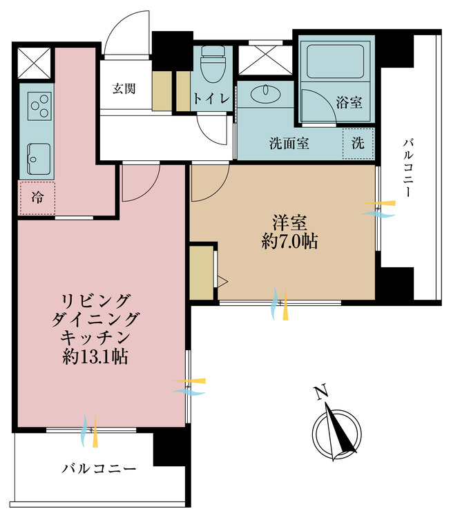 間取り 1LDK、専有面積47.32m2、バルコニー面積8.7m2