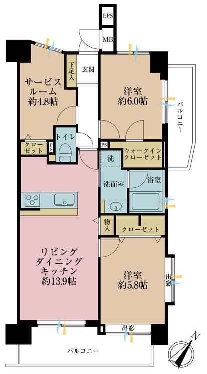 間取り 2LDK+S（納戸）、専有面積67.15m2、バルコニー面積13.21m2