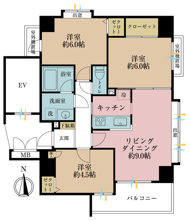 間取り 3LDK、専有面積61.85m2、バルコニー面積6.42m2